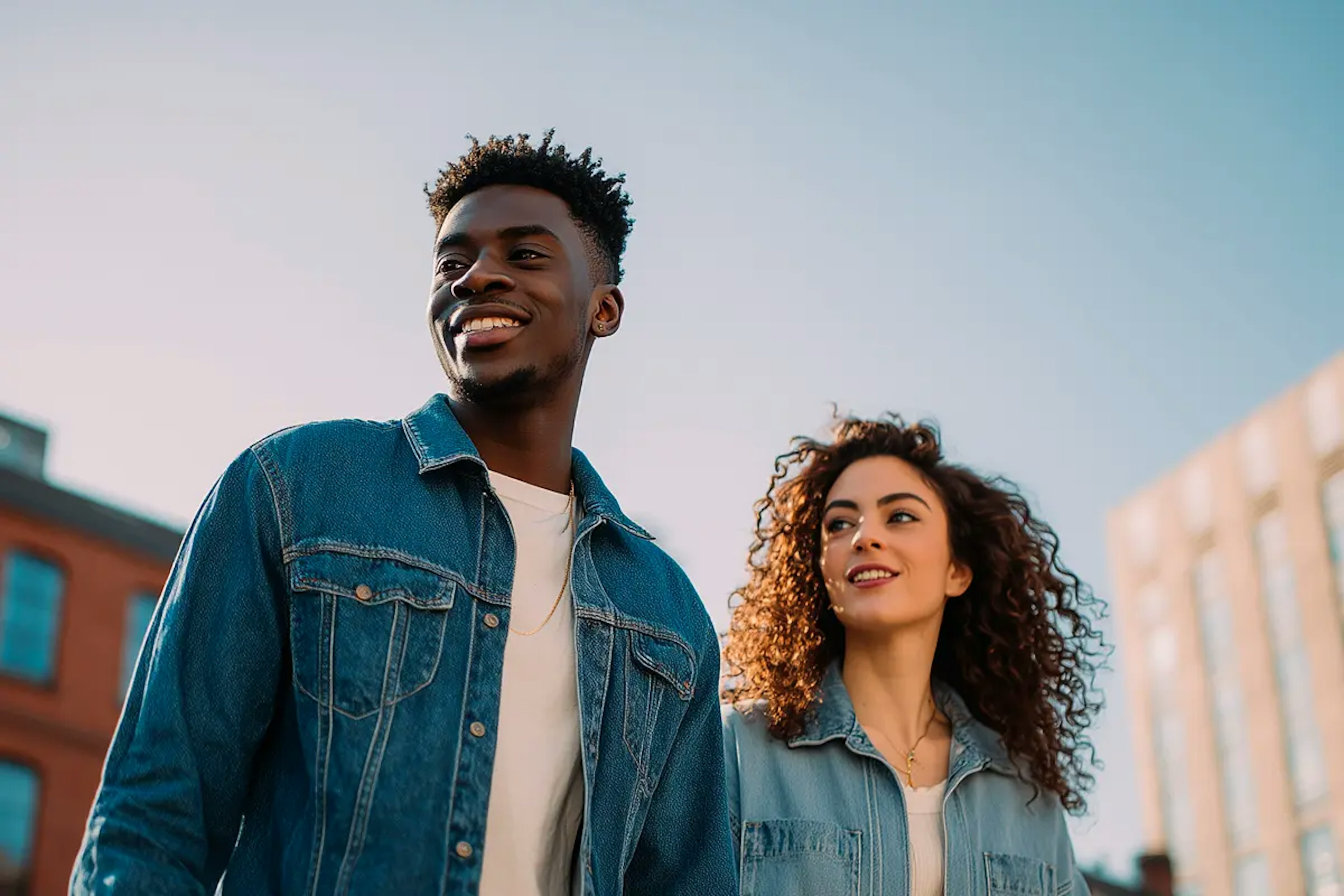 Junges Paar in Jeansjacken läuft lachend durch die Stadt bei Sonnenlicht
